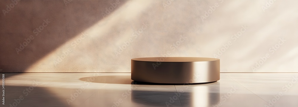 Poster sleek metallic podium on a polished floor with smooth shadows, set against a simple light-colored ba