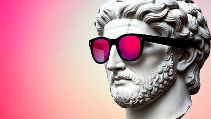 Fototapeta premium pink to white gradient background with a close-up Greek marble head bust on party sunglasses