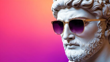 pink to purple gradient background with a close-up Greek marble head bust on party sunglasses