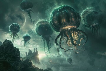 Gigantic Bioluminescent Jellyfish Overcast a Distant City