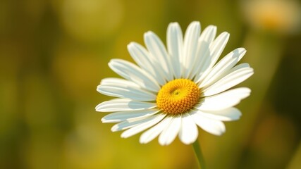 Fototapeta premium A single daisy with delicate white petals and a bright yellow center, blooming in a field of soft green and yellow hues.