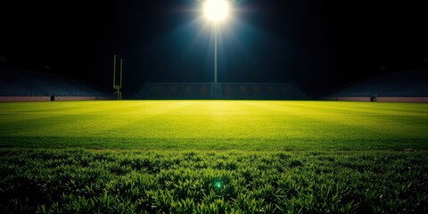 A solitary spotlight illuminates the center of a football field, casting a long shadow across the empty stadium seats, with the lush green grass awaiting the next game