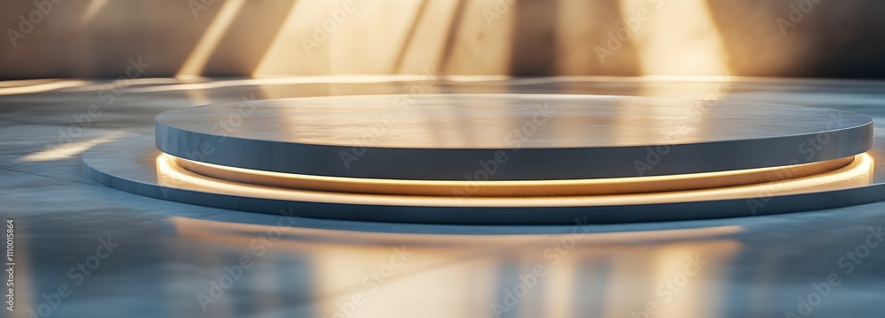 Poster circular podium with a smooth reflective surface, illuminated gently, surrounded by an expansive neu