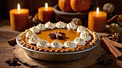 Naklejka premium Close-Up of Pumpkin Pie with Whipped Cream on Rustic Autumn Table