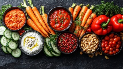 Vibrant Spread of Organic Vegetables Dips and Nuts for a Healthy Lifestyle