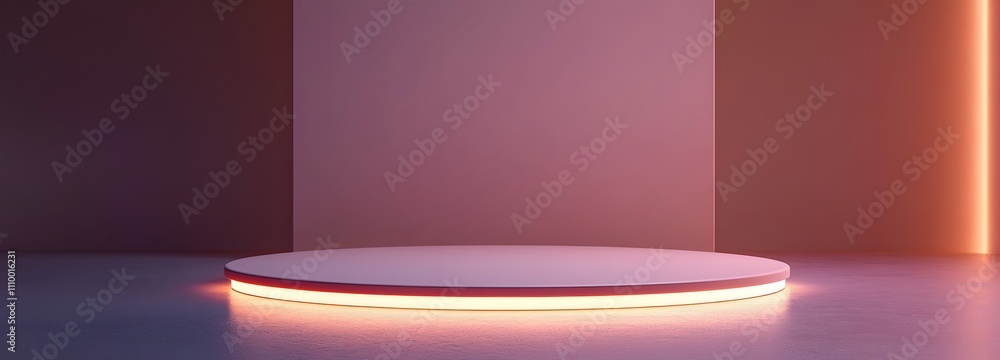 Poster circular podium with a smooth reflective surface, illuminated gently, surrounded by an expansive neu