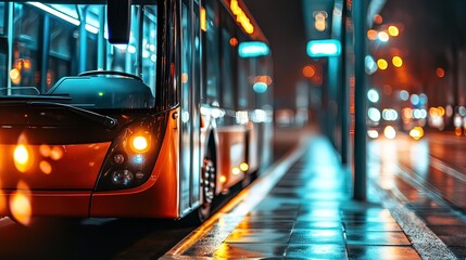Night city bus stop with orange bus and blurred lights.