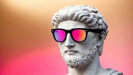gold to pink gradient background with a close-up Greek marble head bust on party sunglasses