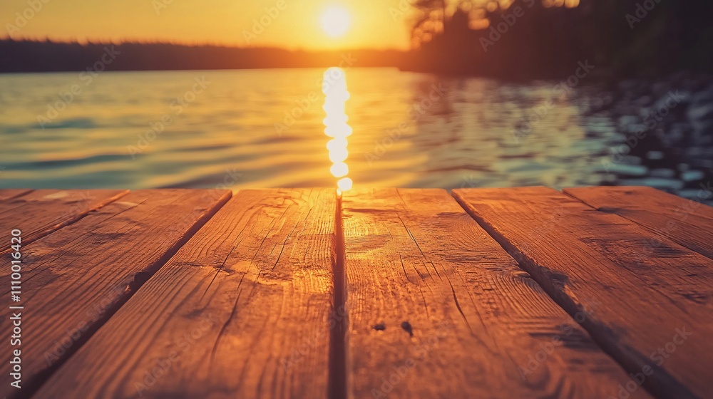 Wall mural 8.Close-up of a rustic wooden table top with detailed wood grain, placed by the shore with the sun setting in the background. The golden light reflects off the water, creating a warm and inviting