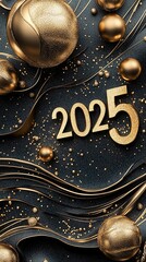 artwork of the golden number "2025" with fireworks display, New Year's Confetti and Balls, a gold glow effect, a dark background,