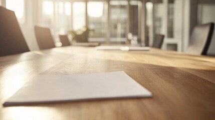 63.A sleek, light-colored wooden office table with a smooth surface, sitting in a modern office environment. A few scattered papers lie on the tabletop, reflecting the clean and minimalistic