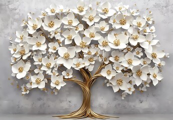 3D tree with white and gold flowers on a gray background, vector illustration design for a wall mural