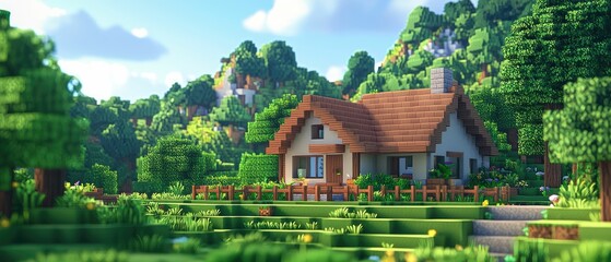 Charming cottage nestled in a lush, green, pixelated forest landscape under a bright, sunny sky.