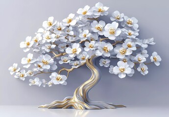 3D tree with white and gold flowers on a gray background, vector illustration design for a wall mural