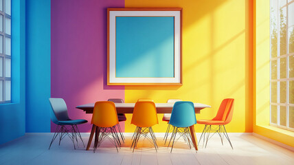 vintage interior design living room with an empty mockup with a colorful painted frame on the wall, The modern dining room with various furniture, office space with frame and colorful furnitures.