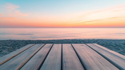 7.Wooden table surface at the beach, with the soft glow of a sunset casting long shadows across the sand. The horizon fades into a gradient of pink and orange, while the calm sea reflects the sky,