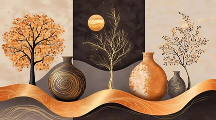 3D wallpaper, a triptych of abstract vases and circular tree patterns in orange, brown, grey, and beige tones, with golden lines on a dark background, gold leaf accents