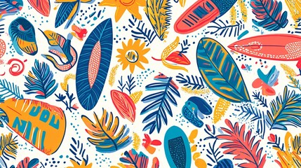 Naklejka premium 43.Abstract tropical pattern with bold, stylized palm leaves, surfboards, and sun icons, forming a continuous, seamless design. The minimal art style combines playful organic shapes and bright
