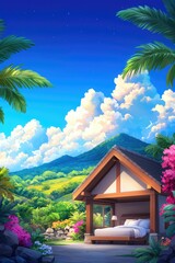 Tropical bungalow bedroom with mountain view, lush vegetation, and clear sky.
