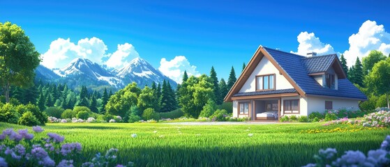 Idyllic mountain home nestled in a vibrant green meadow, under a sunny sky.