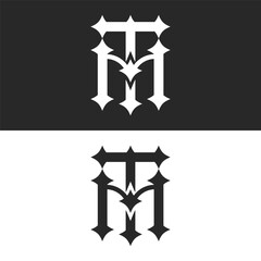 Initials tm or mt letters monogram logo design in black and white, sharp bold gothic font geometric typography, versatile calligraphic emblem for branding.