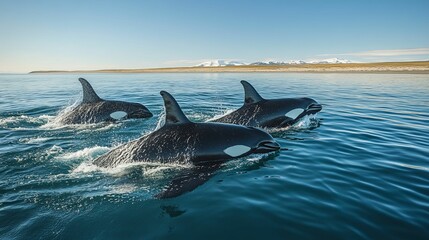 Naklejka premium Three Orcas Swim Gracefully In The Arctic Ocean