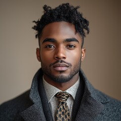 Fototapeta premium A poised African-American businessman showcases sharp features and styled hair while wearing a patterned tie, exuding professionalism against a subtle beige background
