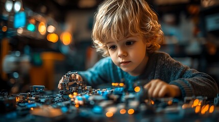 A child learning basic robotics in a workshop, assembling parts with a curious expression