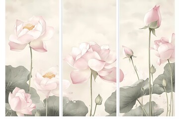 3-panel wall art set, a vector illustration of pink roses and lotus flowers on a beige background, in a vector illustration style, with pastel colors and a white border
