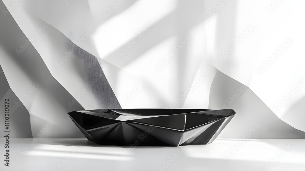Poster glossy black podium with sharp edges, placed against a soft, monochromatic background with ample spa