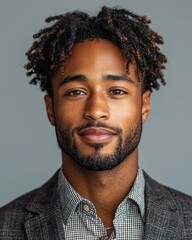 Fototapeta premium A young entrepreneur showcases his confident smile in a well-fitted blazer and checkered shirt, illuminated by soft natural light in a neutral setting