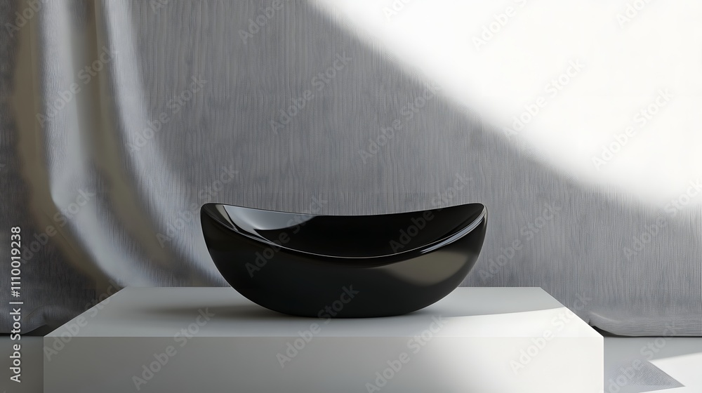 Poster glossy black podium with sharp edges, placed against a soft, monochromatic background with ample spa