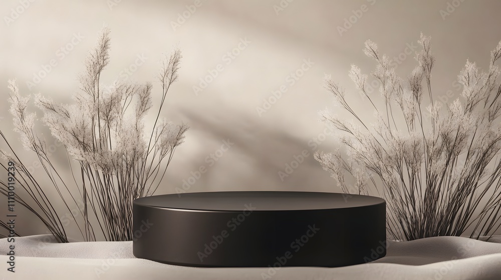 Poster glossy black podium with sharp edges, placed against a soft, monochromatic background with ample spa