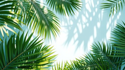 Tropical Palm Leaf Frame with Sunlit Shadows on a Light Blue Background
