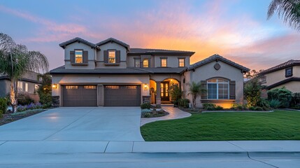 Beautiful Home Exterior with Vibrant Sunset Sky