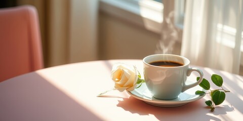 Fototapeta premium A steaming cup of coffee and a delicate rose on a pink table, bathed in soft sunlight