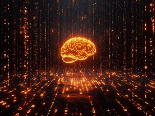 Glowing Brain Floating Above Binary Code   Fusion of Human Intelligence and Systems