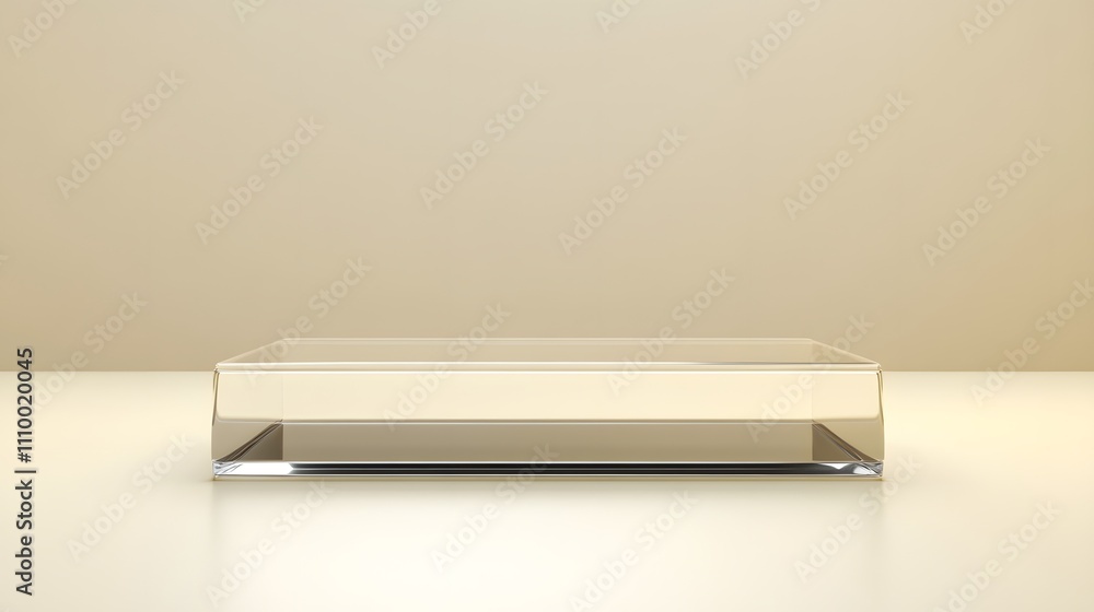 Poster transparent podium with soft reflections, minimalistic design, placed on a soft cream-colored backgr