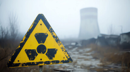 Fototapeta premium A foggy landscape featuring a radiation warning sign in front of a nuclear plant, evoking a sense of desolation and decay.