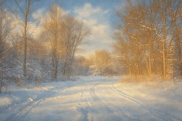 Fototapeta premium Snowy path through sunlit winter woods. Ideal for winter, nature, serenity themes; evokes peace and tranquility.
