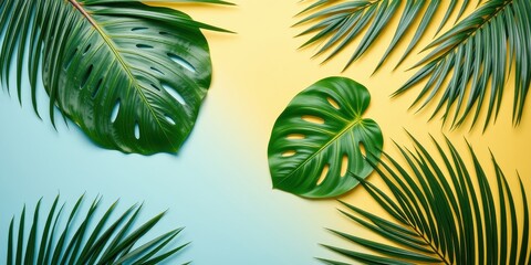 Naklejka premium Tropical Leaf Arrangement on Gradient Background with Blue and Yellow Tones