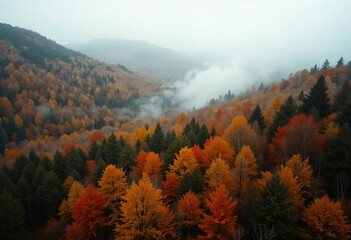  Aerial view of colorful mixed forest shrouded in morning fog on a beautiful autumn day