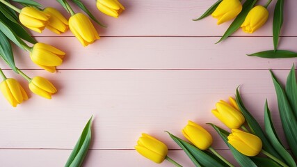 A delicate arrangement of vibrant yellow tulips on a light pink wooden surface, framing a blank space for creative expression.