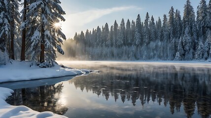 Frozen Lake Surrounded by Snowy Forest: Winter Wonderland Scene