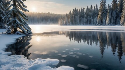 Fototapeta premium Frozen Lake Surrounded by Snowy Forest: Winter Wonderland Scene