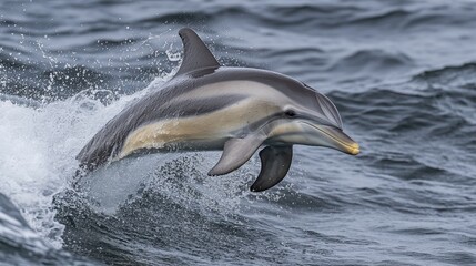 Fototapeta premium A dolphin leaps from the ocean waves, creating a spray. Perfect for marine life, wildlife, and nature documentaries.