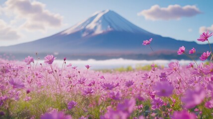 Mount Fuji and Cosmos Flowers