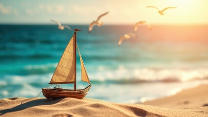 Obraz premium A Miniature Sailboat Rests on a Sandy Beach with the Ocean and Flying Birds in the Background