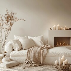 Cozy minimalist living room with white sofa, fireplace, candles, and dried flowers.