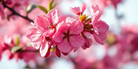 Obraz premium A delicate cluster of vibrant pink blossoms, showcasing intricate details and soft petals, with a gentle, blurred backdrop of similar flowers creating a dreamy atmosphere.